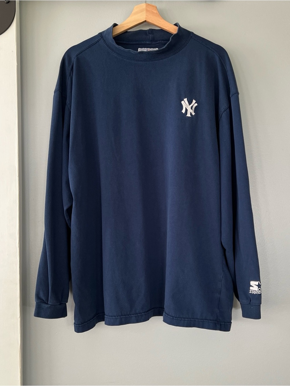 Vintage Starter Yankees Mock Neck Long Sleeve Shirt Men’s XL MLB Blue Logo Embrd